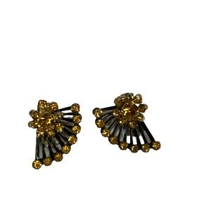 Vintage Coro Black metal‎ Gold Rhinestone Fan Shaped Clip On Earrings